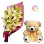 Bunch of 5 white asiatic  lilies with 1 feet height teddybear