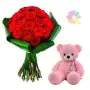 Bunch of 20 red roses with 1 feet height pink colour teddy bear