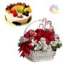 Basket of red gerberas with yellow daisies with half kg butterscotch cake