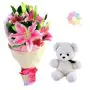 Bunch of 5 pink asiatic lilies with 6 inch white teddy  bear