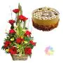 Basket of red gerberas with yellow daisies with half kg butterscotch cake