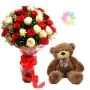 bunch of 20 red and white roses with 1 feet height brown teddy bear