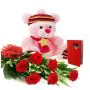 make my day...a 1 feet height cute teddy with bunch of 6 red roses with a greeting card 
