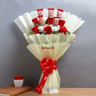 Beautiful Bunch of red roses with kitkat chocolates 