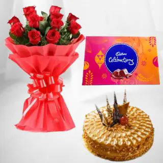 Bunch of 12 red roses with butterscotch cake with box of celebrations