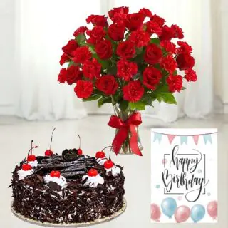 20 red roses with red carnations, black forest fresh cream cake, Birthday card 