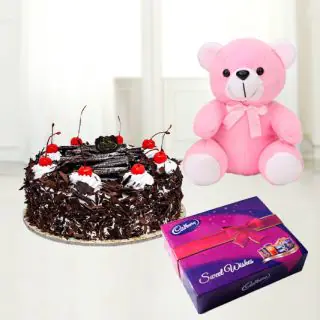 blackforest cake with 6 inch Pink colour teddybear with box of celebrations chocolates 