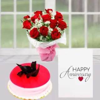 10 red roses bunch, strawberry fresh cream cake, anniversary greeting card 