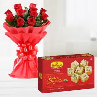 12 red roses bunch with 1kg soan papdi