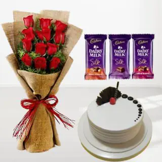 Bunch of 10 red roses with chocovanilla cake with 3 dairymilk silk chocolates