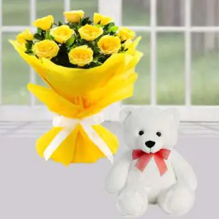 Bunch of 10 yellow roses with 6 inch white teddy bear 
