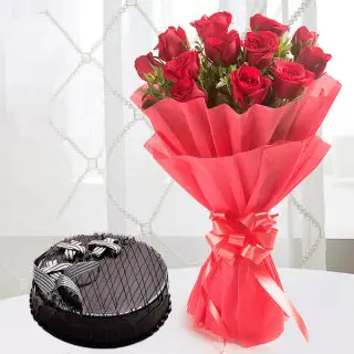 12 red roses with 1 pound chocolate fantasy cake