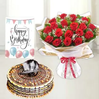 20 red roses bunch, premium quality butterscotch cool cake, birthday greeting card 