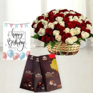 Basket of 50 red and white roses, set of 3 bournville chocolates, birthday greeting card 