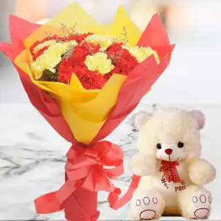 20 red and white carnations bunch with 1 feet height Teddy bear