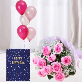 Bunch of 8 pink roses, 5 bunch of mix color balloons with birthday cards
