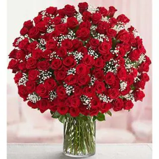 100 red roses in glass vase 