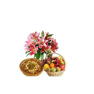 10 Pink Oriental Lilies With 1 Kg Assorted Dry Fruits And 2 Kg Seasonal Fruit Basket