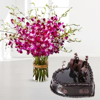 10 purple orchids in glass vase with heart shape chocolate fantasy cake 