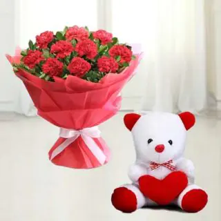 15 red carnations bouquet with 6 inch height teddy bear 