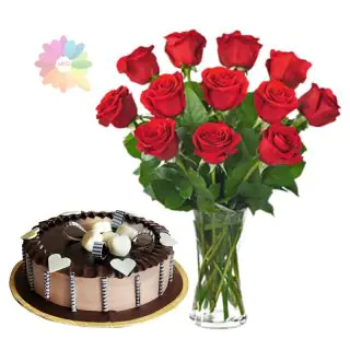 12 red roses arranged in glass vase with 1 kg chocolate cake