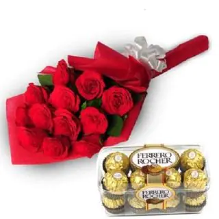 12 red roses bunch with 16 pcs ferrero rocher chocolate