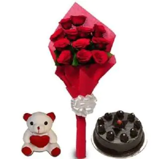 12 Red roses bunch with teddy & chocolate truffle