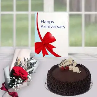 Half kg choco chips cake, single red rose, anniversary greeting card 