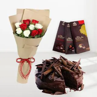 Bunch of 20 red and white roses with double chocolates with 3 bournville chocoltes