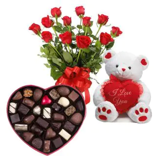 Bunch of 20 roses ,6 inch teddy bear with a box of Chocolates