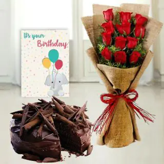 12 Red roses with jute packing, chocolate truffle cake, birthday greeting card 