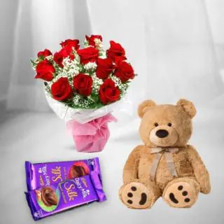 Bunch of 10 red roses with 6 inch teddy bear & set of 2 dairy milk chocolate