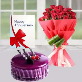 20 Red Roses Bunch, Black Currant Cool Cake, Anniversary Greeting Card