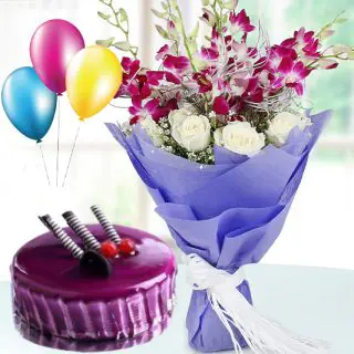 Bunch of lavender orchids with white roses with blueberry fresh cream cake with 3 blown balloons