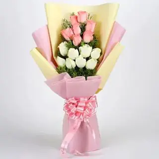 Bunch of 15  pink and white roses