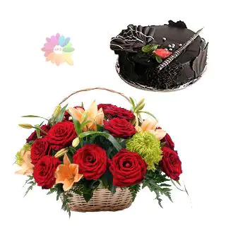 Basket of 12 red roses with half kg chocolate fantasy cake