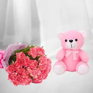 Bouquet of 12 pink carnations with 6 inch height teddy bear 