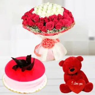 Beautiful Bouquet 100 red and white roses with strawberry cake with 6 inch red teddybear 
