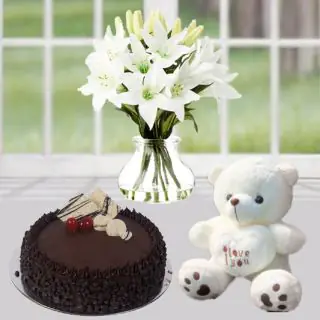 Vase arrangement of Exotic white lilies with 1 feet height teddybear with choco chips cake 