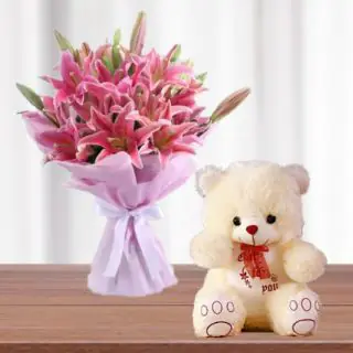 Bouquet of 8 pink asiatic lilies with 1 feet height teddy bear 
