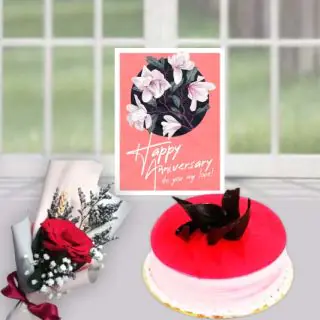 1 kg strawberry cool cake, Single red rose flower, anniversary card 