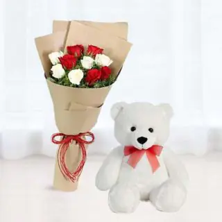 10 red and white roses bouquet with 1 feet height teddy bear 