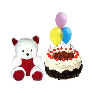 1 kg black forest cake with a cute 8 inches teddy bear with 3 pcs of balloons