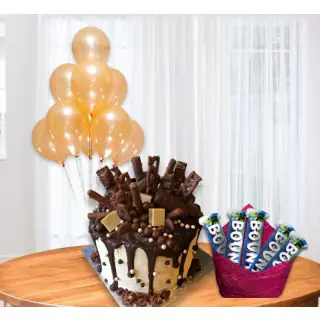  Chocolate explosion crunchy cake with bunch of 5 blown balloons with pack of 5 bounty chocolates 