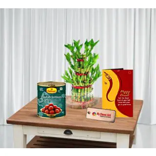 Gulab jamun, 3 layer lucky bamboo plant with diwali greeting card 