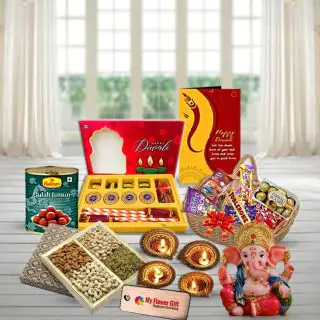 Gulab jamun, Box of assorted Dry fruits, Set of 4 Diwali Diyas, Basket of Premium assorted chocolates, Box of crackers  Ganesha Idol with Diwali greeting card