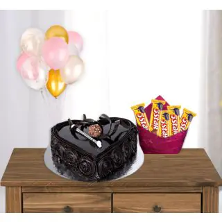 Heart shaped chocolate floral topping cake with pack of Five 5star chocolate with bunch of 5 blown balloons 