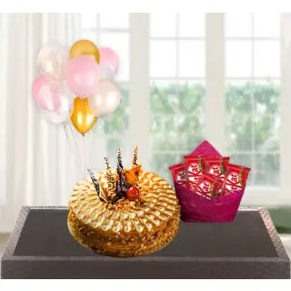 premium quality buttercotch cool cake with pack of 5 kitkat chocolates with bunch of 5 blown balloons 