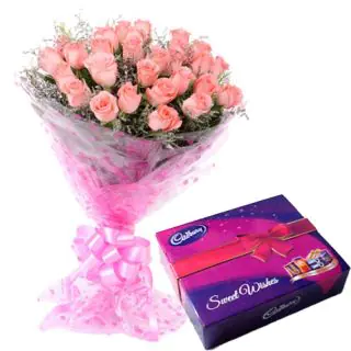 Bunch of 20 pink roses with box of celebrations