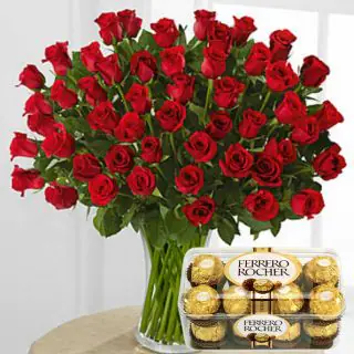 50 Red Roses in glass vase with 16 pcs ferrero rocher